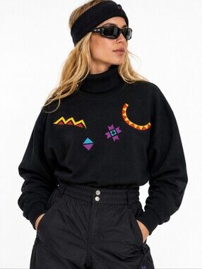 vtg Tyrolia Skiwear Southwest embroidery black knit Turtleneck sweater sz S